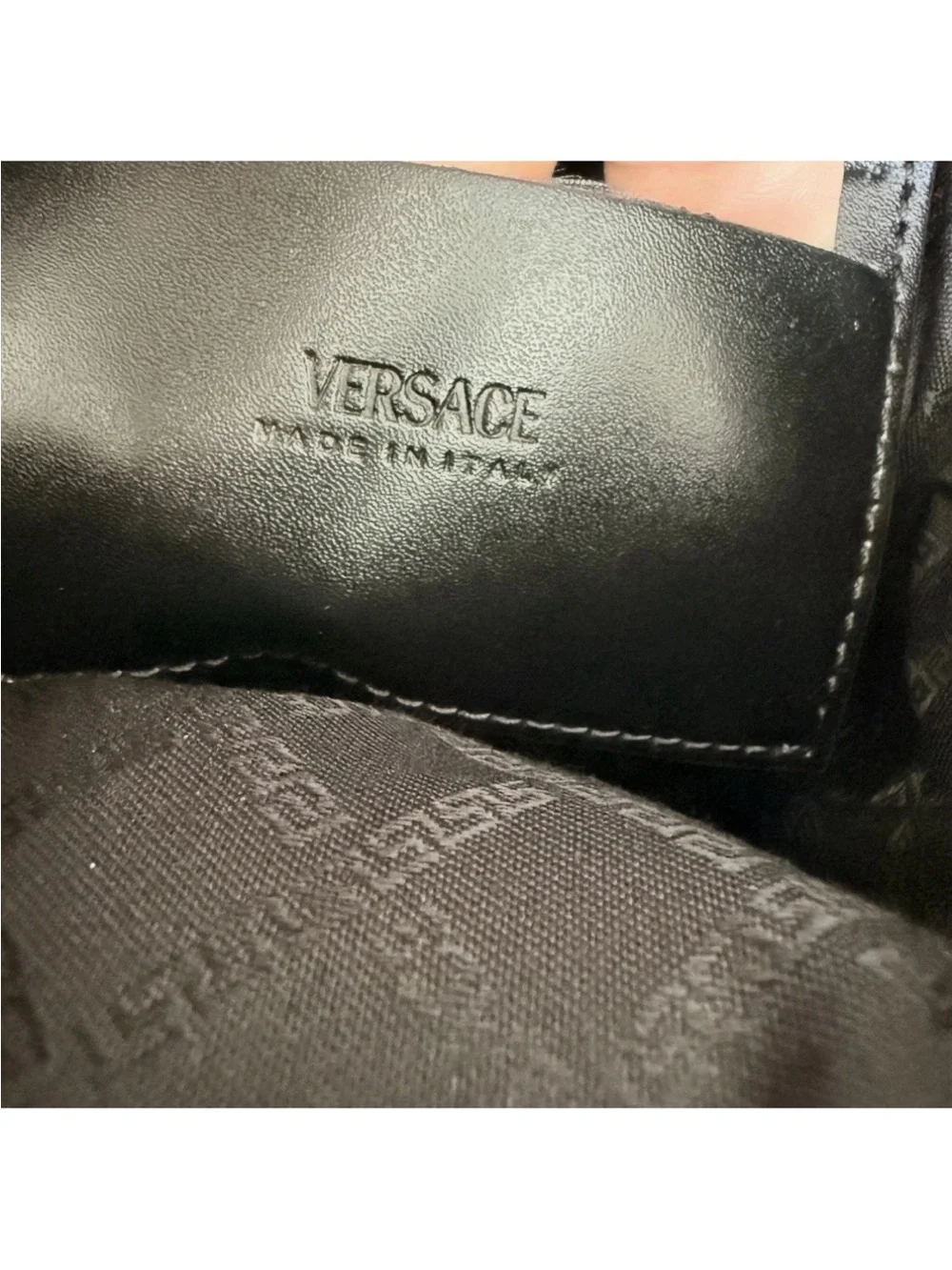 Versace Black Leather Messenger Crossbody with Gold Plaque